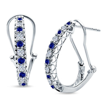 Half Eternity Heart Huggie Hoop Earrings Round Simulated Blue Sapphire CZ 925 Sterling Silver (18mm)
